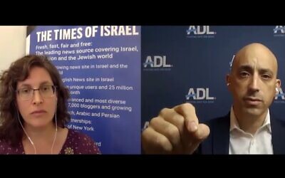 ToI Deputy Editor Amanda Borschel-Dan speaks with ADL head Jonathan Greenblatt on the Behind the Headlines online video series, October 14, 2020. (Times of Israel)