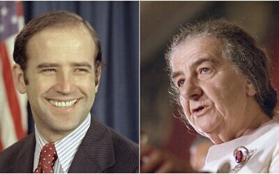 Composite photo: Left - the newly-elected Democratic senator from Delaware, Joe Biden, is shown on Capitol Hill in Washington on December 13, 1972; Right - prime minister Golda Meir is shown speaking at the United Nations, October 22, 1970 (AP photos)