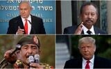 Clockwise, from top left: Prime Minister Benjamin Netanyahu at his office in Jerusalem, September 13 2020. (Alex Kolomiensky/Yedioth Ahronoth via AP, Pool); Sudanese Prime Minister Abdalla Hamdok at the Elysee palace in Paris, September 30, 2019. (AP Photo/Thibault Camus); US President Donald Trump at the White House, October 21, 2020 (AP Photo/Alex Brandon); Sudanese Gen. Abdel-Fattah Burhan, head of the military council, west of Khartoum, June 29, 2019 (AP Photo/Hussein Malla, File)