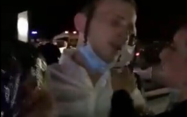 A groom is seen at a wedding at the Dead Sea, after police were called to disperse some of the guests to maintain health regulations, October 21, 2020 (video screenshot) A groom is seen at a wedding at the Dead Sea, after police were called to disperse some of the guests to maintain health regulations, October 21, 2020 (video screenshot)