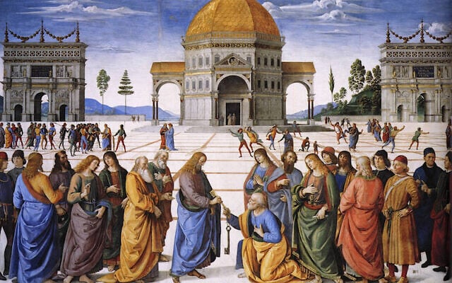 Perugino, 'Christ Giving the Keys of the Kingdom to St. Peter,' Sistine Chapel, 1481-83, fresco, based on Matthew (16:18-19). (public domain)