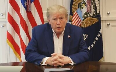 US President Donald Trump seen in a video released on his Twitter account, speaking from Walter Reed Medical Center outside of Washington, DC, on October 3, 2020. (screen capture: Twitter)