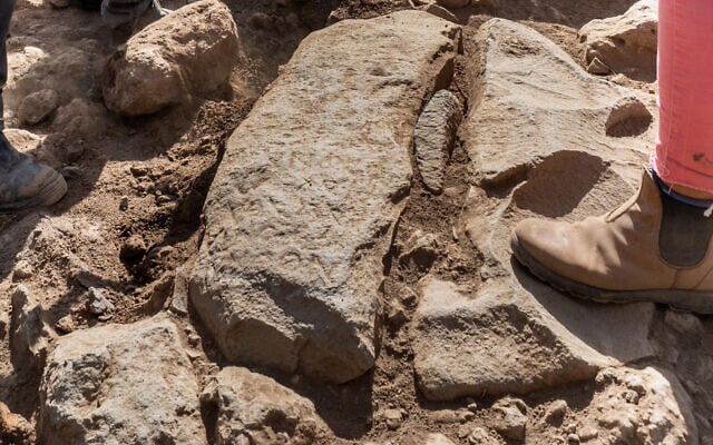 The inscription on the 3rd-century CE boundary stone at Israel Antiquities Authority excavations at Nafah in the Golan Heights (Assaf Peretz/Israel Antiquities Authority)