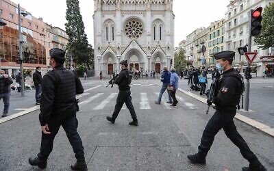 French gendarmes secure the area around the Notre-Dame de l'Assomption Basilica in Nice on October 31, 2020, two days after a Tunisian man stabbed three people to death in a terror attack. (Valery Hache/AFP)