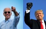This combination of pictures created on October 30, 2020 shows Democratic Presidential candidate and former US Vice President Joe Biden gestures prior to delivering remarks at a Drive-in event in Coconut Creek, Florida, on October 29, 2020 and US President Donald Trump pumps his fist as he arrives to a campaign rally at Green Bay Austin Straubel International Airport in Green Bay, Wisconsin on October 30, 2020. (JIM WATSON and MANDEL NGAN / AFP)