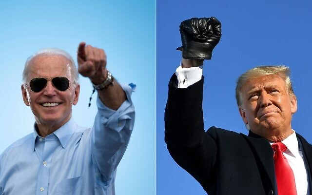 This combination of pictures created on October 30, 2020 shows Democratic Presidential candidate and former US Vice President Joe Biden gestures prior to delivering remarks at a Drive-in event in Coconut Creek, Florida, on October 29, 2020 and US President Donald Trump pumps his fist as he arrives to a campaign rally at Green Bay Austin Straubel International Airport in Green Bay, Wisconsin on October 30, 2020. (JIM WATSON and MANDEL NGAN / AFP) This combination of pictures created on October 30, 2020 shows Democratic Presidential candidate and former US Vice President Joe Biden gestures prior to delivering remarks at a Drive-in event in Coconut Creek, Florida, on October 29, 2020 and US President Donald Trump pumps his fist as he arrives to a campaign rally at Green Bay Austin Straubel International Airport in Green Bay, Wisconsin on October 30, 2020. (JIM WATSON and MANDEL NGAN / AFP)