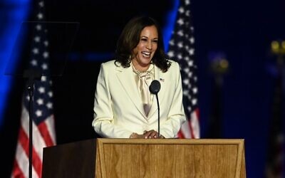 US Vice President-elect Kamala Harris delivers remarks in Wilmington, Delaware, on November 7, 2020, after being declared the winner with Joe Biden of the presidential election. (Photo by Jim WATSON / AFP)