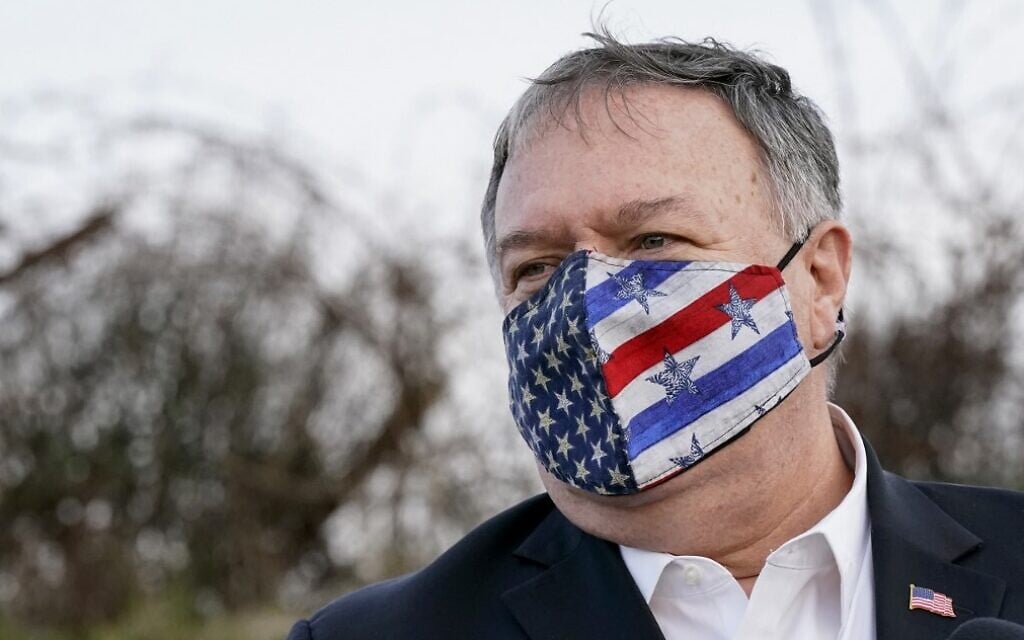 US Secretary of State Mike Pompeo takes part in a security briefing on Mount Bental in the Golan Heights, near Merom Golan on the border with Syria, on November 19, 2020. (Patrick Semansky/Pool/AFP) US Secretary of State Mike Pompeo takes part in a security briefing on Mount Bental in the Golan Heights, near Merom Golan on the border with Syria, on November 19, 2020. (Patrick Semansky/Pool/AFP)