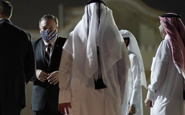 US Secretary of State Mike Pompeo prepares to board his plane at the Old Doha International airport in the Qatari capital Doha, on November 21, 2020. (Patrick Semansky / POOL / AFP) US Secretary of State Mike Pompeo prepares to board his plane at the Old Doha International airport in the Qatari capital Doha, on November 21, 2020. (Patrick Semansky / POOL / AFP)