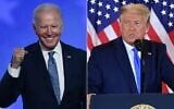 This combination of files pictures created on November 4, 2020, shows Democratic presidential nominee Joe Biden after speaking during election night at the Chase Center in Wilmington, Delaware; and US President Donald Trump on election night in the East Room of the White House in Washington, DC, early on November 4, 2020. (ANGELA  WEISS and MANDEL NGAN / AFP)