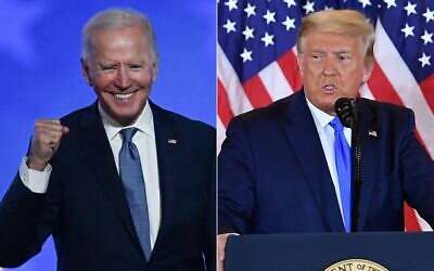 This combination of files pictures created on November 4, 2020, shows Democratic presidential nominee Joe Biden after speaking during election night at the Chase Center in Wilmington, Delaware; and US President Donald Trump on election night in the East Room of the White House in Washington, DC, early on November 4, 2020. (ANGELA  WEISS and MANDEL NGAN / AFP)