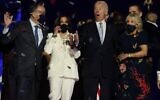 US President-elect Joe Biden, Jill Biden, Vice President-elect Kamala Harris and husband Doug Emhoff after Biden's address to the nation from the Chase Center November 07, 2020 in Wilmington, Delaware. (Tasos Katopodis/Getty Images/AFP)