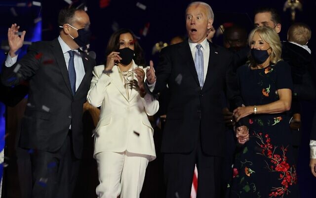 US President-elect Joe Biden, Jill Biden, Vice President-elect Kamala Harris and husband Doug Emhoff after Biden's address to the nation from the Chase Center November 07, 2020 in Wilmington, Delaware. (Tasos Katopodis/Getty Images/AFP) US President-elect Joe Biden, Jill Biden, Vice President-elect Kamala Harris and husband Doug Emhoff after Biden's address to the nation from the Chase Center November 07, 2020 in Wilmington, Delaware. (Tasos Katopodis/Getty Images/AFP)