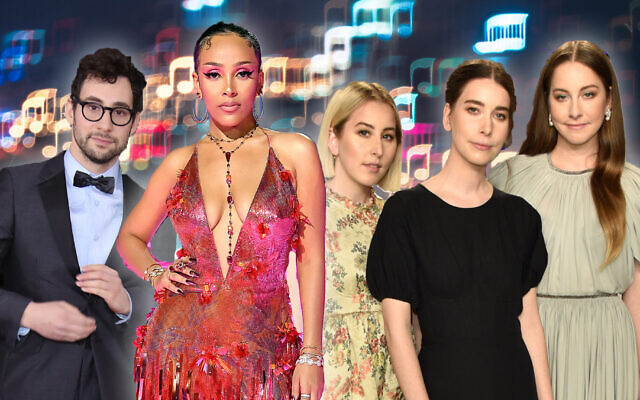 From left: Jack Antonoff, Doja Cat and the Haim Sisters. (Photo design by Emily Burack/Getty Images via JTA) From left: Jack Antonoff, Doja Cat and the Haim Sisters. (Photo design by Emily Burack/Getty Images via JTA)