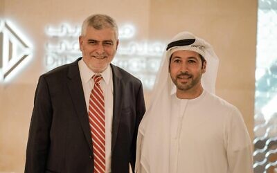 Bank Hapoalim CEO, Dov Kotler, left, and Arif Amiri, the CEO of Dubai International Financial Center (DIFC) on Sept. 8, 2020 (Courtesy)