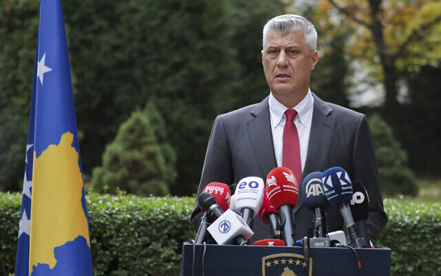 Kosovo president Hashim Thaci addresses the nation as he announced his resignation to face war crimes charges in Kosovo capital Pristina on November 5, 2020. (AP Photo/Visar Kryeziu) Kosovo president Hashim Thaci addresses the nation as he announced his resignation to face war crimes charges in Kosovo capital Pristina on November 5, 2020. (AP Photo/Visar Kryeziu)