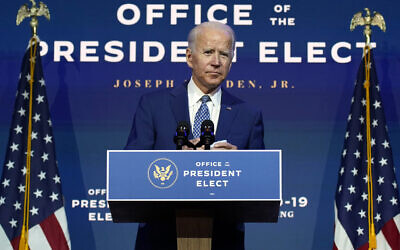 US President-elect Joe Biden speaks on November 9, 2020, at The Queen theater in Wilmington, Delaware. (AP Photo/Carolyn Kaster)