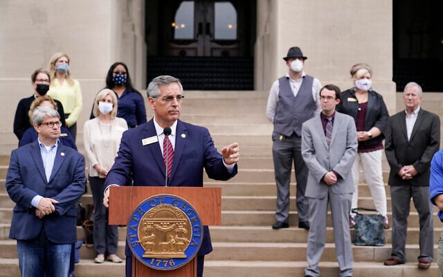 Georgia Secretary of State Brad Raffensperger speaks during a news conference on November 11, 2020, in Atlanta. (AP/Brynn Anderson) Georgia Secretary of State Brad Raffensperger speaks during a news conference on November 11, 2020, in Atlanta. (AP/Brynn Anderson)