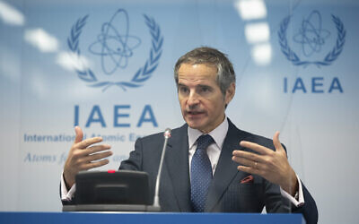 Director-General of the International Atomic Energy Agency (IAEA), Rafael Mariano Grossi, speaks during a press conference during an IAEA Board of Governors meeting at the IAEA headquarters of the UN in Vienna, Austria, November 18, 2020. (Christian Bruna/Pool Photo via AP)