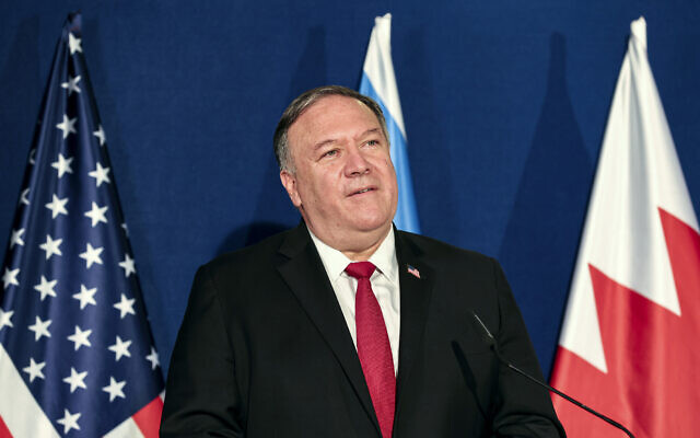US Secretary of State Mike Pompeo looks on during a press conference with Prime Minister Benjamin Netanyahu and Bahrain's Foreign Minister Abdullatif bin Rashid Alzayani after their trilateral meeting in Jerusalem on November 18, 2020. (Menahem Kahana/Pool via AP) US Secretary of State Mike Pompeo looks on during a press conference with Prime Minister Benjamin Netanyahu and Bahrain's Foreign Minister Abdullatif bin Rashid Alzayani after their trilateral meeting in Jerusalem on November 18, 2020. (Menahem Kahana/Pool via AP)