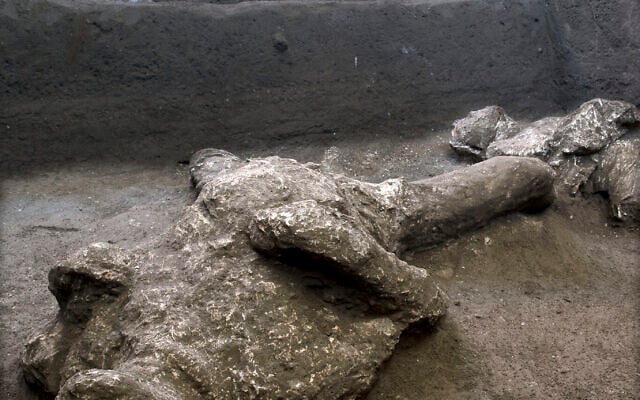 A detail of the casts of one of two bodies that are believed to have been a rich man and his male slave fleeing the volcanic eruption of Vesuvius nearly 2,000 years ago, are seen in what was an elegant villa on the outskirts of the ancient Roman city of Pompeii destroyed by the eruption in 79 A.D., where they were discovered during recents excavations, Pompeii archaeological park officials said Saturday, Nov. 21, 2020. (Parco Archeologico di Pompei via AP)