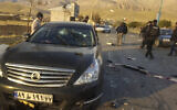 This photo released by the semi-official Fars News Agency shows the car in which Mohsen Fakhrizadeh was killed in Absard, a small city just east of the capital, Tehran, Iran, November 27, 2020. (Fars News Agency via AP)