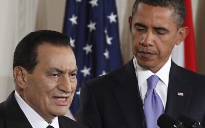 Then US President Barack Obama listens as Egypt's President Hosni Mubarak makes a statement in the East Room of the White House in Washington, September 1, 2010. (Charles Dharapak/AP)