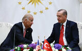 US Vice President Joe Biden, left, and Turkish President Recep Tayyip Erdogan shake hands after a meeting in Ankara, Turkey, August 24, 2016. (Kayhan Ozer, Presidential Press Service Pool via AP)