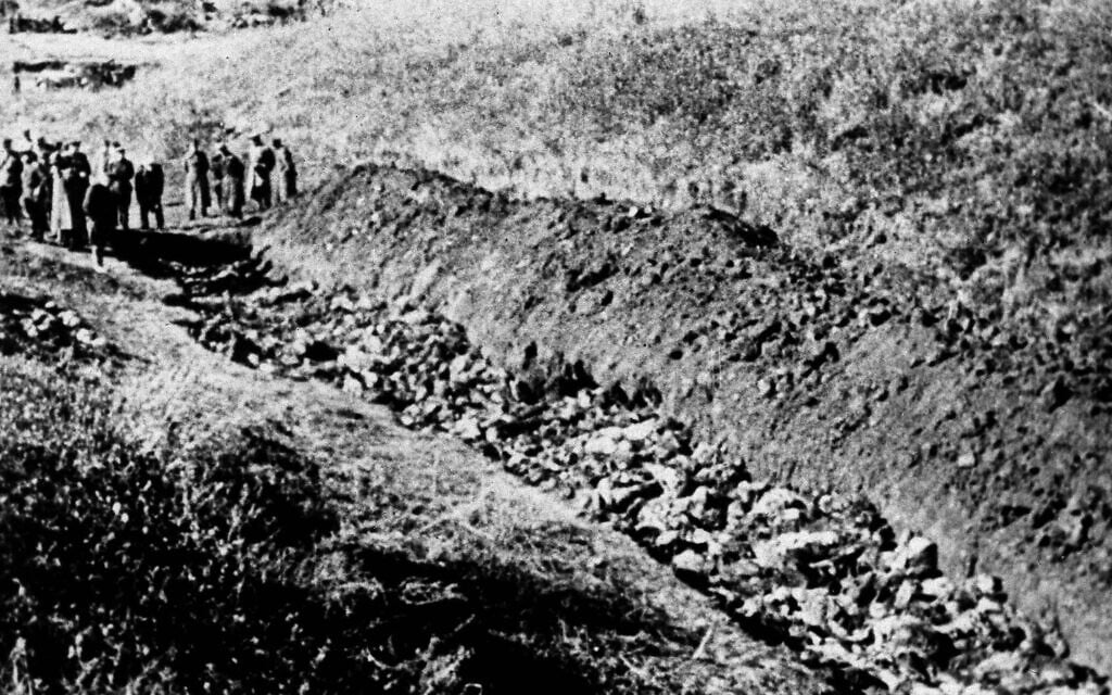 A 1944 file photo of part of the Babyn Yar ravine at the outskirts of Kiev, Ukraine where the advancing Red Army unearthed the bodies of 14,000 civilians killed by fleeing Nazis, 1944. Einsatzgruppe C was responsible for one of the most notorious massacres, the shooting of nearly 34,000 at Babi Yar, a ravine northwest of the Ukrainian city of Kiev, on Sept. 29-30, 1941.  (AP Photo, file)