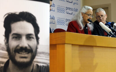 Marc and Debra Tice, the parents of Austin Tice, who is missing in Syria for nearly six years, speak during a press conference, at the Press Club, in Beirut, Lebanon, Dec. 4, 2018 (AP Photo/Bilal Hussein)