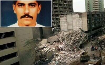 Composite: The United States Embassy and other damaged buildings in downtown Nairobi, Kenya, are shown on the day after a terrorist bombing, Aug. 8, 1998. (AP Photo/Dave Caulkin, File); Small frame: Abdullah Ahmed Abdullah, also known as Abu Muhammad al-Masri, in an FBI post offering a reward for information on his whereabouts. (Screenshot/fbi.gov)