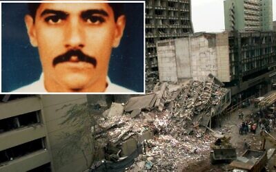 Composite: The United States Embassy and other damaged buildings in downtown Nairobi, Kenya, are shown on the day after a terrorist bombing, Aug. 8, 1998. (AP Photo/Dave Caulkin, File); Small frame: Abdullah Ahmed Abdullah, also known as Abu Muhammad al-Masri, in an FBI post offering a reward for information on his whereabouts. (Screenshot/fbi.gov)