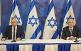 Prime Minister Benjamin Netanyahu, right, and Defense Minister Benny Gantz issue a statement at the Defense Ministry in Tel Aviv, July 27, 2020. (AP Photo/Tal Shahar, Yediot Ahronoth, Pool)