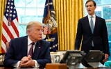 US President Donald Trump, left, listens as Jared Kushner speaks in the Oval Office of the White House in Washington, September 11, 2020. (Andrew Harnik/AP)