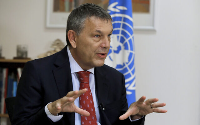 The Commissioner-General of UNRWA, Philippe Lazzarini, speaks during an interview with The Associated Press at the UN relief agency headquarters in Beirut, Lebanon, September 16, 2020. (AP Photo/Bilal Hussein) The Commissioner-General of UNRWA, Philippe Lazzarini, speaks during an interview with The Associated Press at the UN relief agency headquarters in Beirut, Lebanon, September 16, 2020. (AP Photo/Bilal Hussein)