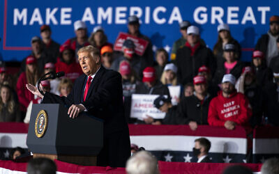 US President Donald Trump speaks during a campaign rally at Central Wisconsin Airport, in Mosinee, Wisconsin, September 17, 2020. (Evan Vucci/AP)
