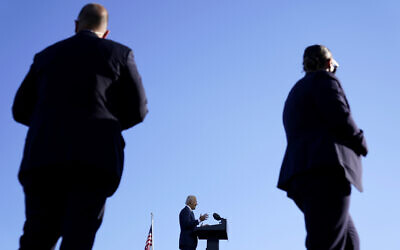 Illustrative: As US Secret Service agents watch, Democratic presidential candidate former Vice President Joe Biden speaks at Gettysburg National Military Park in Gettysburg, Pa., Tuesday, Oct. 6, 2020. (AP Photo/Andrew Harnik)