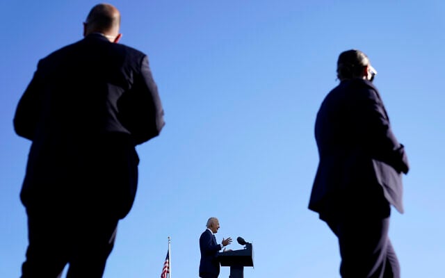 Illustrative: As US Secret Service agents watch, Democratic presidential candidate former Vice President Joe Biden speaks at Gettysburg National Military Park in Gettysburg, Pa., Tuesday, Oct. 6, 2020. (AP Photo/Andrew Harnik)