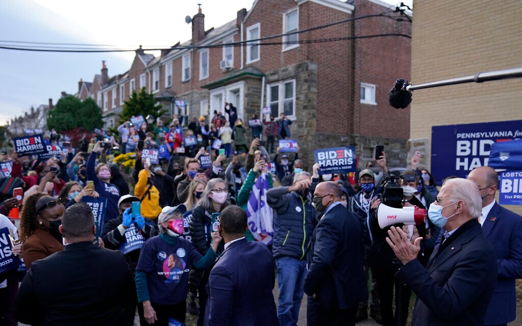 Democratic presidential candidate former Vice President Joe Biden speaks to supporters during a stop in Philadelphia, Pa., Tuesday, Nov. 3, 2020. (AP/Carolyn Kaster)