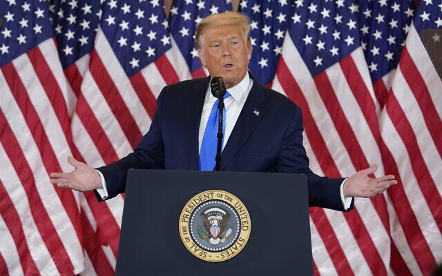 US President Donald Trump speaks in the East Room of the White House, November 4, 2020, in Washington. (AP Photo/Evan Vucci) US President Donald Trump speaks in the East Room of the White House, November 4, 2020, in Washington. (AP Photo/Evan Vucci)