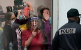 Election challengers yell as they look through the windows of the central counting board as police were helping to keep additional challengers from entering due to overcrowding, Wednesday, Nov. 4, 2020, in Detroit. (AP Photo/Carlos Osorio)