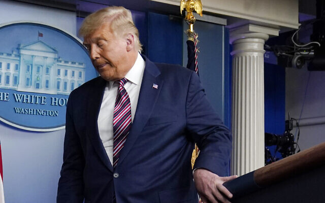US President Donald Trump leaves after speaking at the White House, Nov. 5, 2020, in Washington. (AP Photo/Evan Vucci) US President Donald Trump leaves after speaking at the White House, Nov. 5, 2020, in Washington. (AP Photo/Evan Vucci)