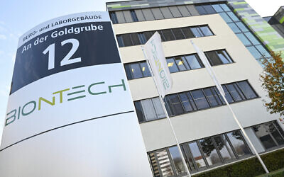 Exterior view of the headquarters of the German biotechnology company "BioNTech" pictured in Mainz, Germany, Monday, Nov. 9, 2020. (Arne Dedert/dpa via AP)