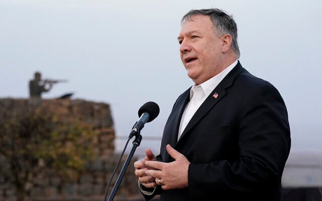 US Secretary of State Mike Pompeo speaks after a security briefing on Mount Bental in the Golan Heights, near the Israeli-Syrian border, November 19, 2020. (AP Photo/Patrick Semansky, Pool)