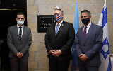 US Secretary of State Mike Pompeo, center, poses for a photo with Daniel Voiczek, left, general manager and CEO of the Friends of Zion Museum, and Nir Kimhi, the museum founder's representative in Israel, as he arrives for a tour of the Friends of Zion Museum, November 20, 2020, in Jerusalem. (AP Photo/Patrick Semansky, Pool)