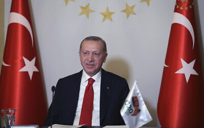 Turkey's President Recep Tayyip Erdogan addresses the leaders of the G20 Leaders' Summit with an introductory video message from his Vahdettin Pavilion, in Istanbul, November 21, 2020. (Turkish Presidency via AP, Pool)
