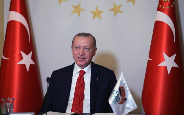 Turkey's President Recep Tayyip Erdogan addresses the leaders of the G20 Leaders' Summit with an introductory video message from his Vahdettin Pavilion, in Istanbul, November 21, 2020. (Turkish Presidency via AP, Pool) Turkey's President Recep Tayyip Erdogan addresses the leaders of the G20 Leaders' Summit with an introductory video message from his Vahdettin Pavilion, in Istanbul, November 21, 2020. (Turkish Presidency via AP, Pool)