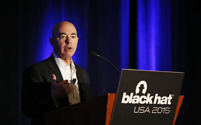 Then-deputy secretary of Homeland Security Alejandro Mayorkas speaks at the Black Hat conference, in Las Vegas, on August 6, 2015. (AP Photo/John Locher, File)