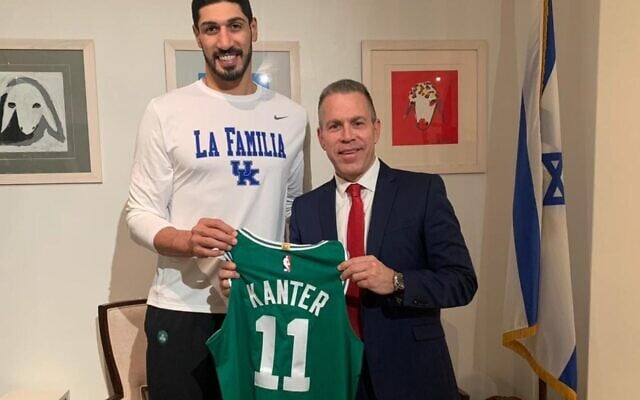 Boston Celtics forward Enes Kanter (L) and Israel's UN Ambassador Enes Kanter on November 18, 2020. (Israeli UN Mission) Boston Celtics forward Enes Kanter (L) and Israel's UN Ambassador Enes Kanter on November 18, 2020. (Israeli UN Mission)