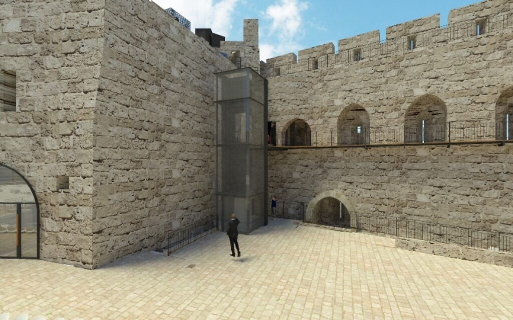 Artist's rendering of a new elevator at Jerusalem's Tower of David Museum. (courtesy Kimmel Eshkolot Architects)